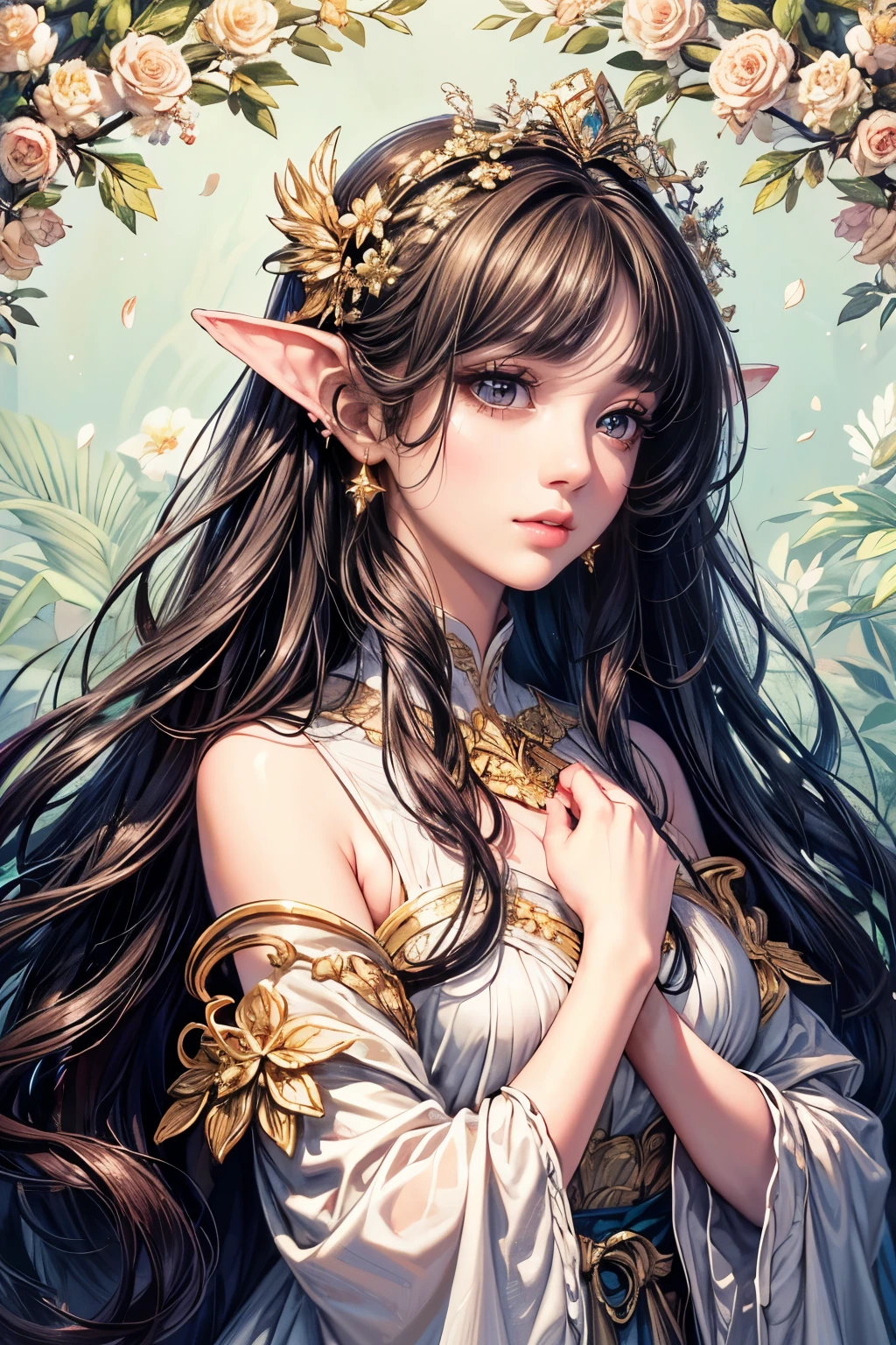 (best quality,8K,CG),detailed upper body,solitary girl,floral forest background,complex facial features,elegant long curly hair,almond-shaped big eyes,detailed eye makeup,long eyelashes,twinkling stars,exquisite lip details,soft and harmonious style.