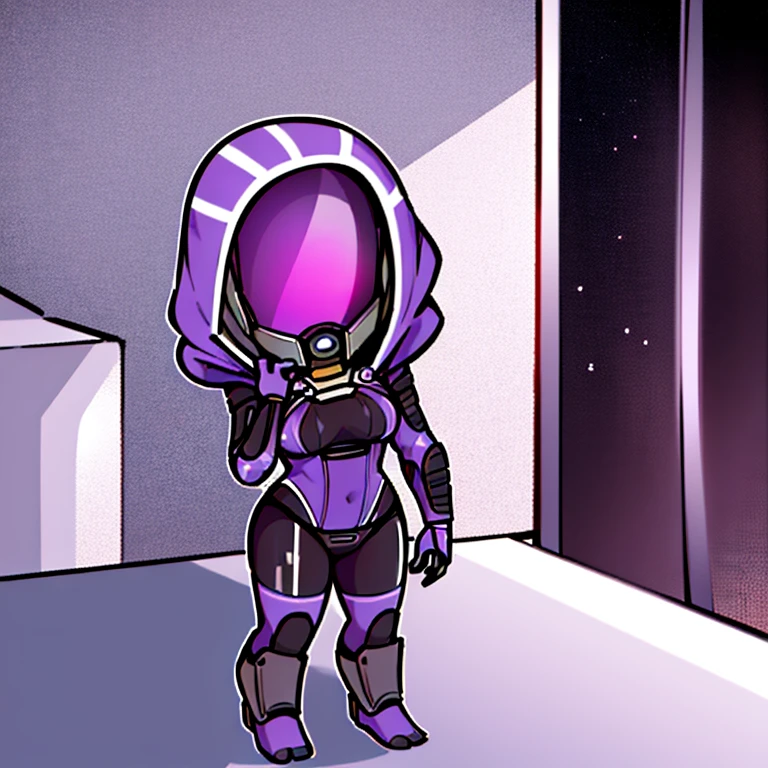 1girl, chibi, solo, tali'zorah, tali'zorah from mass effect, hood, purple bodysuit, mask, (helmet, faceless), hood up, alien, inside