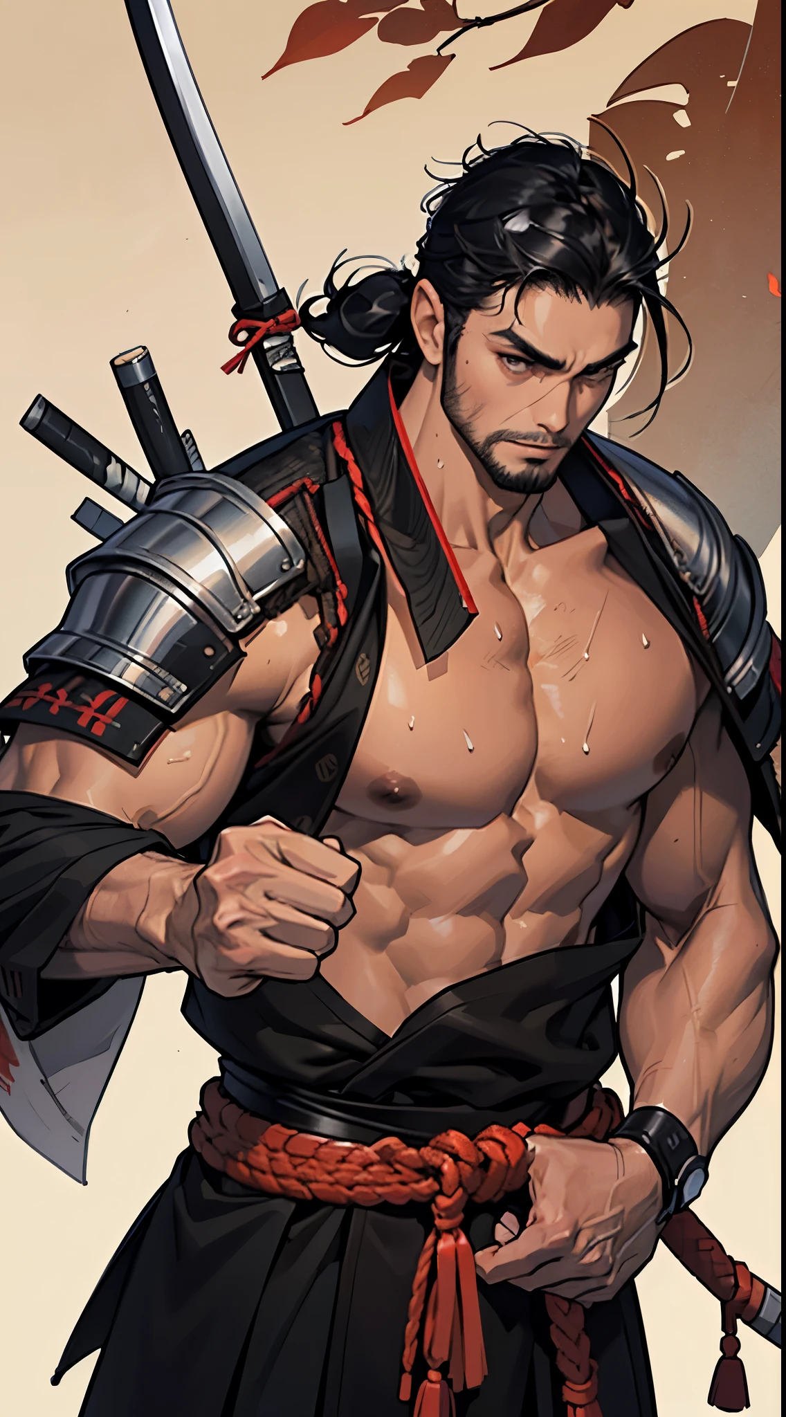 Chinese style, cyberpunk, a strong man with a handsome longbow and arrow, wearing futuristic style clothing, muscular, unfastened coat, half sleeves, pixiv high rating, giggle, 1boy, uncle, short beard, fighting stance, big dynamics, black hair, red eyes, thick big muscles, muscular, only black fashion shorts, protruding crotch, in the dark old cell, super high resolution, ray tracing, volumetric light and shadow, super high resolution, rich background, Rich particle effects with flashes,