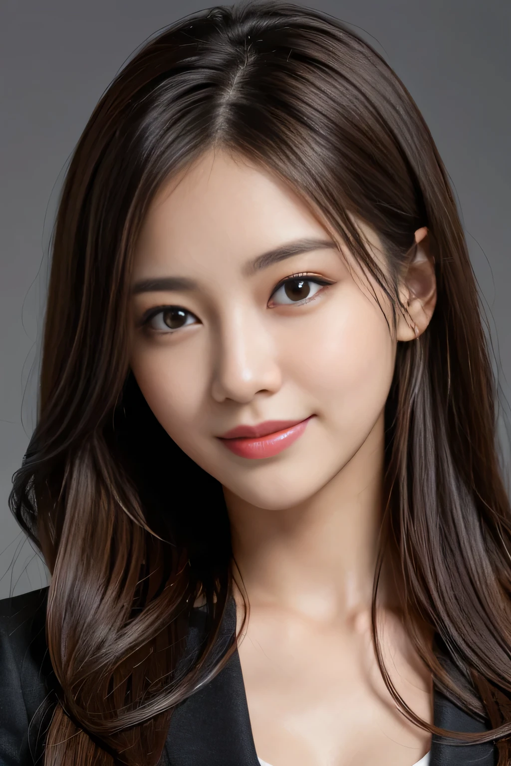 Best quality, realistically, ultra - detailed, Detailed pubic hair, A high resolution, 8k wallpaper, 1 Beautiful woman,,light brown messy hair, Wear a dark suit, lock focus, Perfect dynamic composition, beautidful eyes, Delicate hair, 细致realistically的皮肤纹理, Smiling, closeup portrait, Model body type
