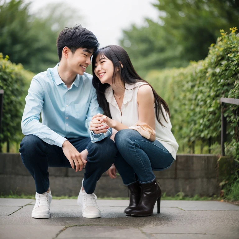 Boy seating on his knees and girl standing in front of him and boy saying I love you to his girlfriend 