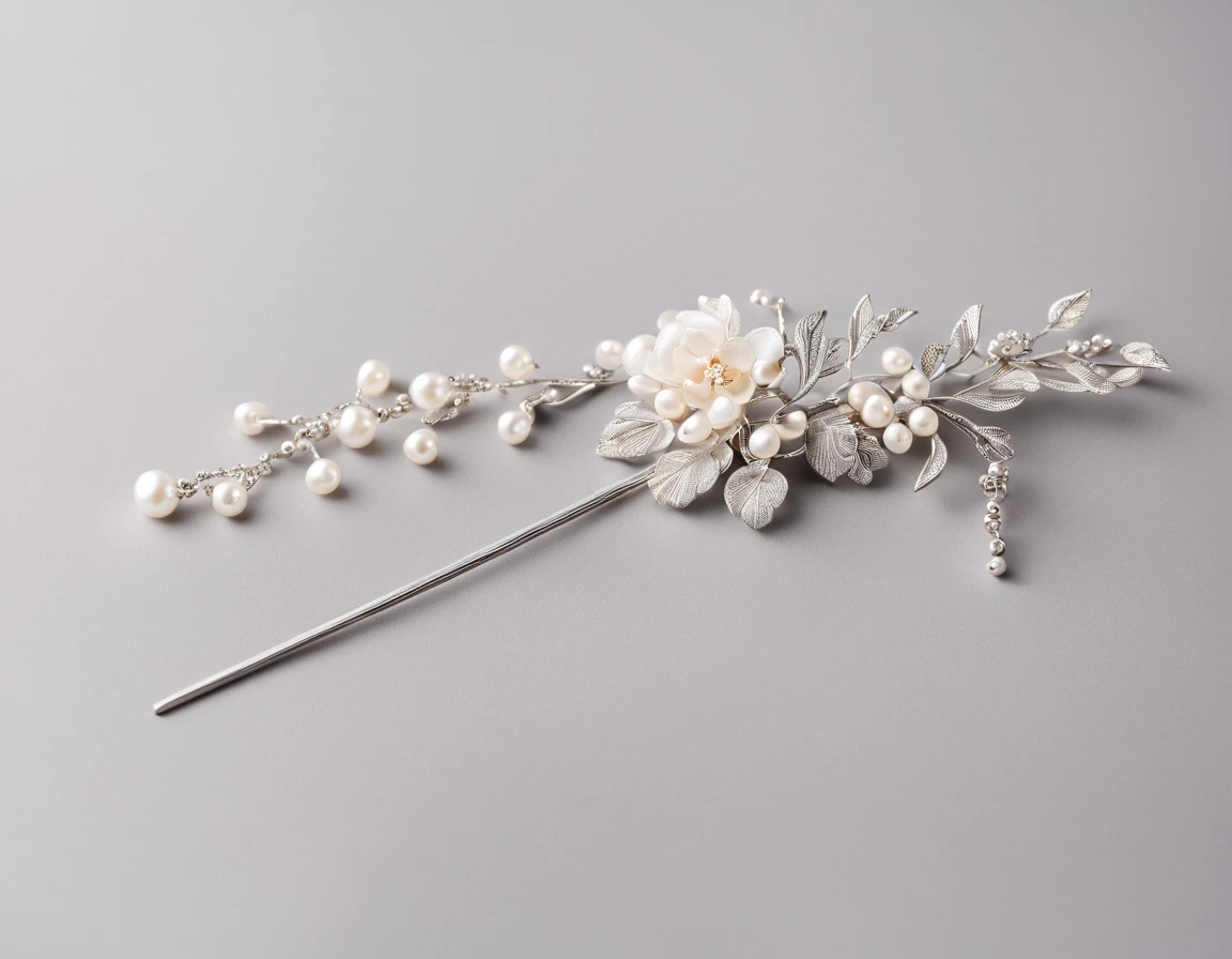 a silver chinese-style hair pin with tassel, the pin has begonia flowers on its tip, the tassels are made of a lot of small round pearls