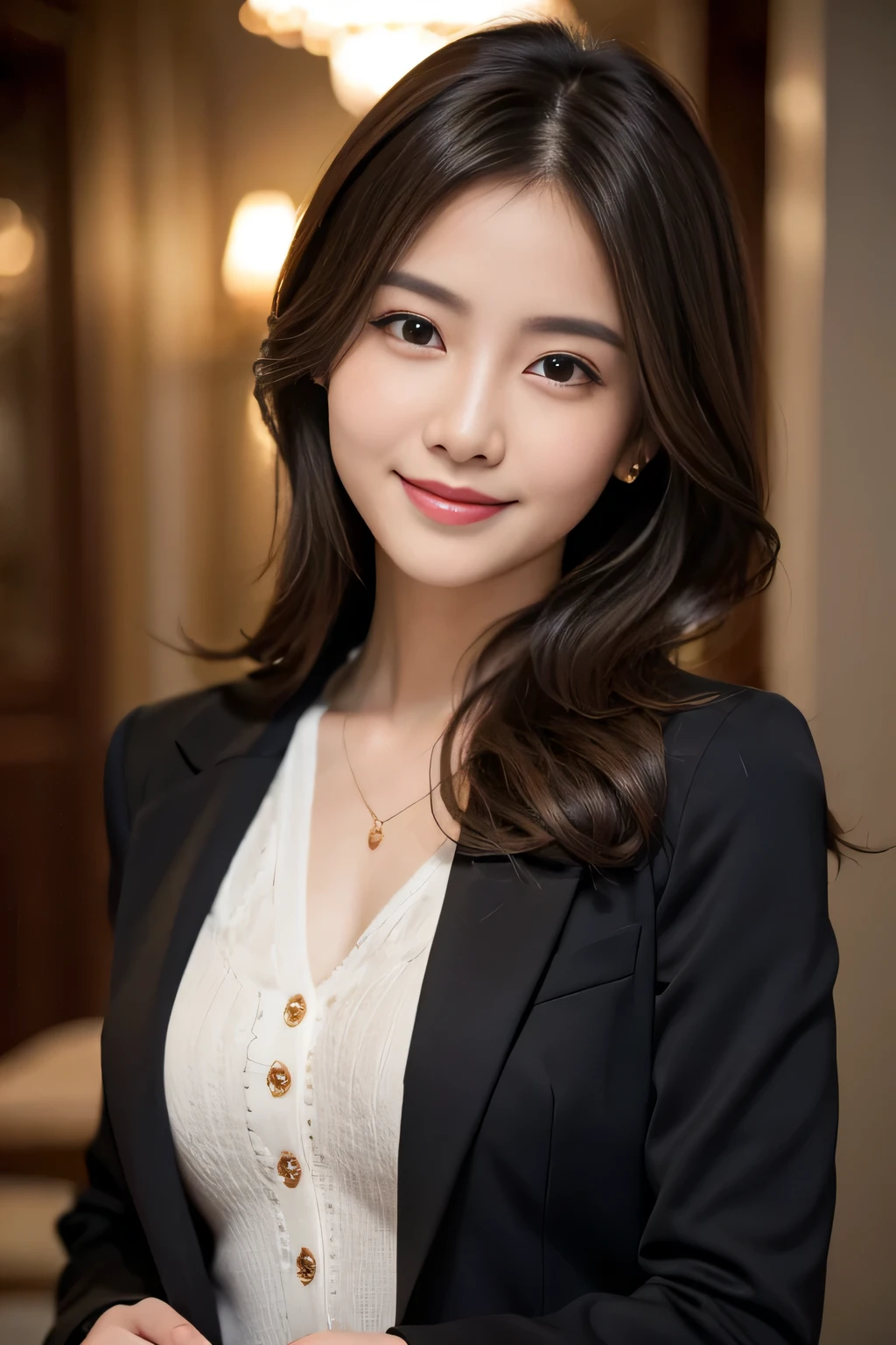 Best quality, realistically, ultra - detailed, Detailed pubic hair, A high resolution, 8k wallpaper, 1 Beautiful woman,,light brown messy hair, Wear a dark suit, lock focus, Perfect dynamic composition, beautidful eyes, Delicate hair, 细致realistically的皮肤纹理, Smiling, closeup portrait, Model body type