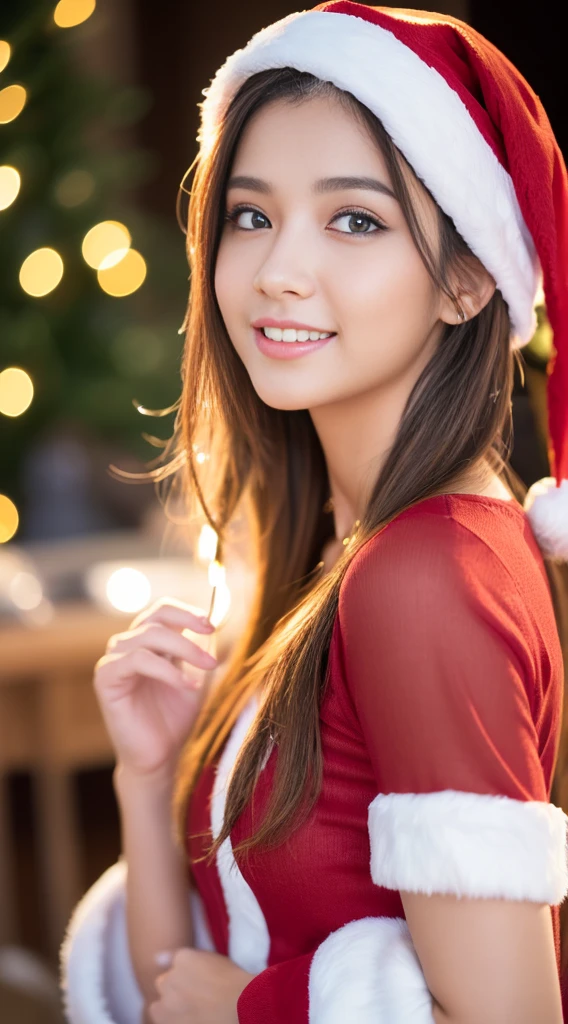 (((Santa Claus Costume))),(((Looking at Viewer:1.5))),(((Shoot a girl from the side))),ulzzang -6500-v1.1, (Raw photo:1.2), (photographrealistic:1.4), a beautiful detailed girl, extremely detailed eye and face, Beautiful detailed eyes, Ultra-detailed, High resolution, top-quality, masterpiece, Highly detailed, 8K Wallpaper, Wonderful, finely detail, top-quality, Light on the Face,电影灯光,1girl in,(Christmas market in Stuttgart),Beautiful eyes,Smile,Opening Mouth
