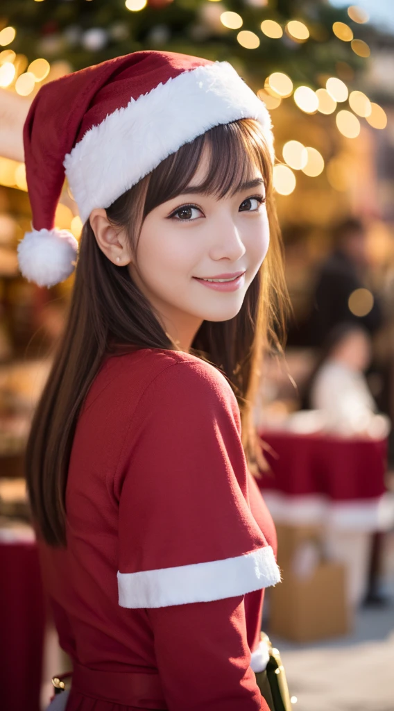 (((Santa Claus Costume))),(((Looking at Viewer:1.5))),(((Shoot a girl from the side))),ulzzang -6500-v1.1, (Raw photo:1.2), (photographrealistic:1.4), a beautiful detailed girl, extremely detailed eye and face, Beautiful detailed eyes, Ultra-detailed, High resolution, top-quality, ​masterpiece, Highly detailed, 8K Wallpaper, Wonderful, finely detail, top-quality, Light on the Face,电影灯光,1girl in,(Christmas market in Stuttgart),Beautiful eyes,Smile,Opening Mouth