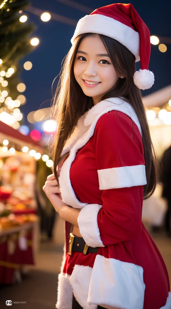 (((Santa Claus Costume))),(((Looking at Viewer:1.5))),(((Shoot a girl from the side))),ulzzang -6500-v1.1, (Raw photo:1.2), (photographrealistic:1.4), a beautiful detailed girl, extremely detailed eye and face, Beautiful detailed eyes, Ultra-detailed, High resolution, top-quality, masterpiece, Highly detailed, 8K Wallpaper, Wonderful, finely detail, top-quality, Light on the Face,电影灯光,1girl in,(Christmas market in Stuttgart),Beautiful eyes,Smile,Opening Mouth