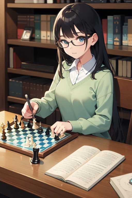 Greenhead girl, glass, play chess, Books background, Coffee glasses