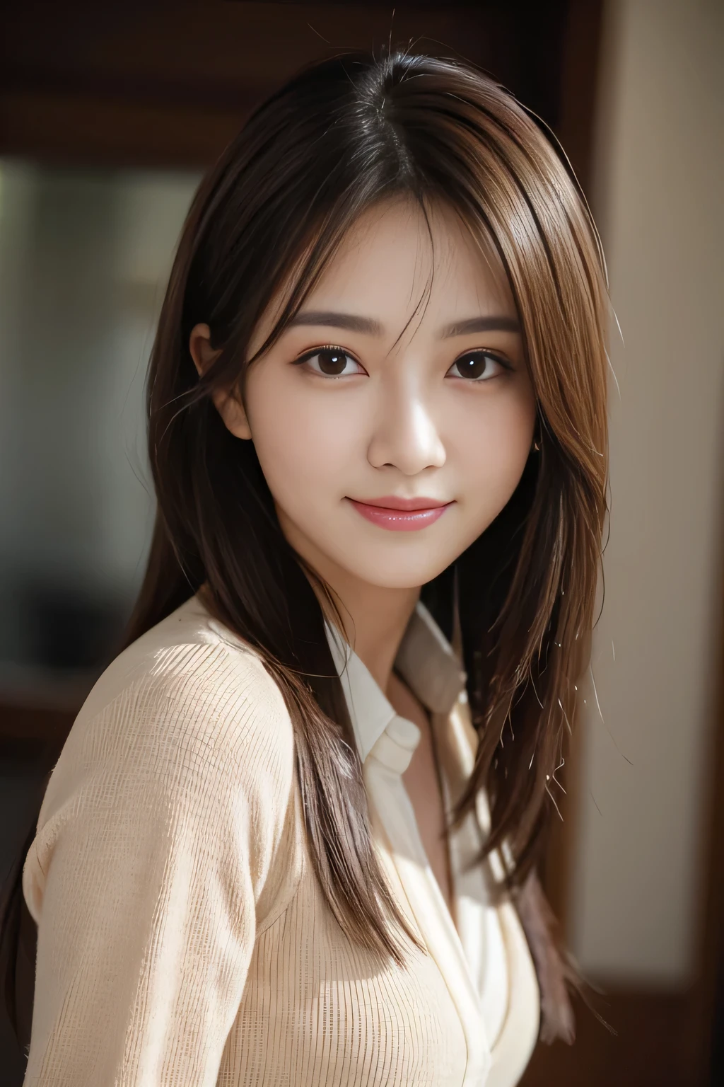 Best quality, realistically, ultra - detailed, Detailed pubic hair, A high resolution, 8k wallpaper, 1 Beautiful woman,,light brown messy hair, Wear a dark suit, lock focus, Perfect dynamic composition, beautidful eyes, Delicate hair, 细致realistically的皮肤纹理, Smiling, closeup portrait, Model body type