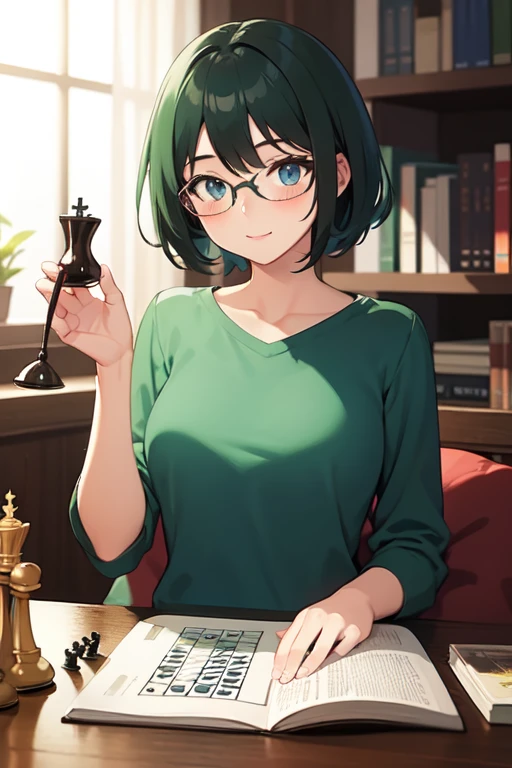Greenhead girl, glass, play chess, Books background, Coffee, eyeglass
