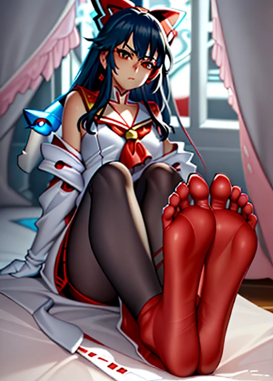 beautiful, masterpiece, best quality, extremely detailed face, perfect lighting, 1girl, solo, matoi ryuuko, nude, big breasts, super long soles, extremely long soles, extremely long feet, correct feet anatomy