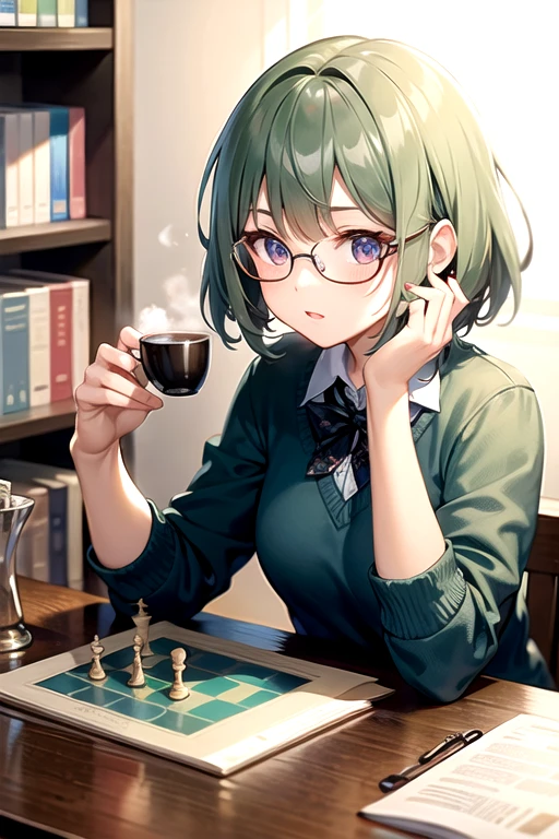 Greenhead girl, glass, play chess, Books background, Coffee, eyeglass