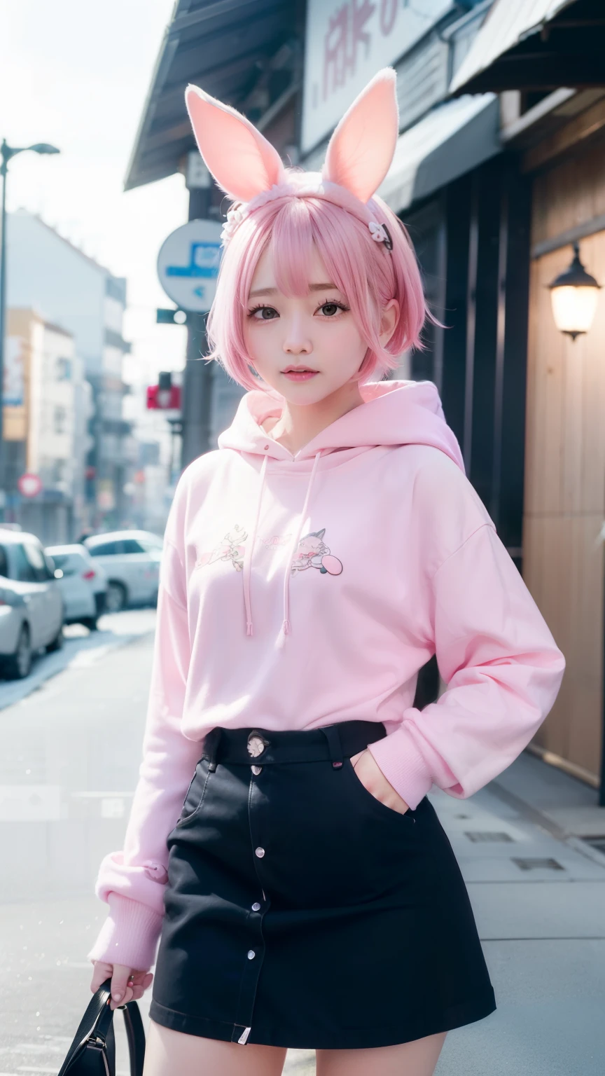 A city where it snows、snow board、ski player、Wear a pink hoodie、Wearing a long skirt、Under the streetlight、In the middle of the intersection、BIGsize Y shirt、Pink short cut hair、Pink hair color、Pink rabbit ears stick out of the head、Japan women、K-POP、kawaii faces、Small underwear、masutepiece、Crystal clear white skin、M-shaped legs、A pink-haired、Beautiful rabbit woman、Healthy five-fingered not ragged、Number of normal fingers、small tits、Shortcut Bob、M-shaped legs、不快感のないAnatomically correct number of fingers、Beautiful nose、beautidful eyes、posterior view、Raise your ass and street、Pink short cut hair、(8K, top-quality, masterpiece:1.2), (realisitic, Photorealsitic:1.37)、cute little、report、(A smile:1.15)、(smil)、tiny chest、(short-hair:1.2)、masuter piece、ピンクのShortcut Bob、realisiticなウサギの耳、ピンクのrealisiticなウサギの耳、頭から突き出ているウサギのrealisiticな耳、Pink hair、A beautiful girl with a bewitching atmosphere、Beautiful shaped hands、K-POP、Pink rabbit ears、1 girl in、report、masterpiece、top-quality、realisitic、Hyper-detailing、absurderes、短いA pink-haired、Slender beauties、动态照明、hight resolution、foco nítido、depth of fields、(thick thight:1.0)、A slender :1.2,((Shortcut Bobの髪))、((k pop:1.3)),Highly detailed facial and skin texture、((魅惑的)),Anatomically correct number of fingers,Correct anatomy