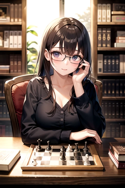 Greenhead girl, glass, play chess, Books background, Coffee, eyeglass