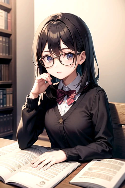 Greenhead girl, glass, play chess, Books background, Coffee, eyeglass