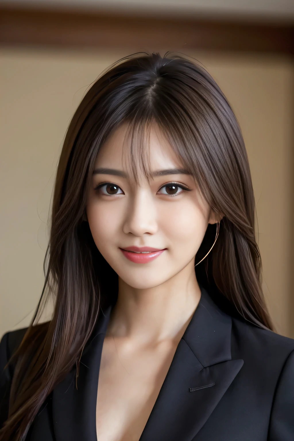 Best quality, realistically, ultra - detailed, Detailed pubic hair, A high resolution, 8k wallpaper, 1 Beautiful woman,,light brown messy hair, Wear a dark suit, lock focus, Perfect dynamic composition, beautidful eyes, Delicate hair, 细致realistically的皮肤纹理, Smiling, closeup portrait, Model body type
