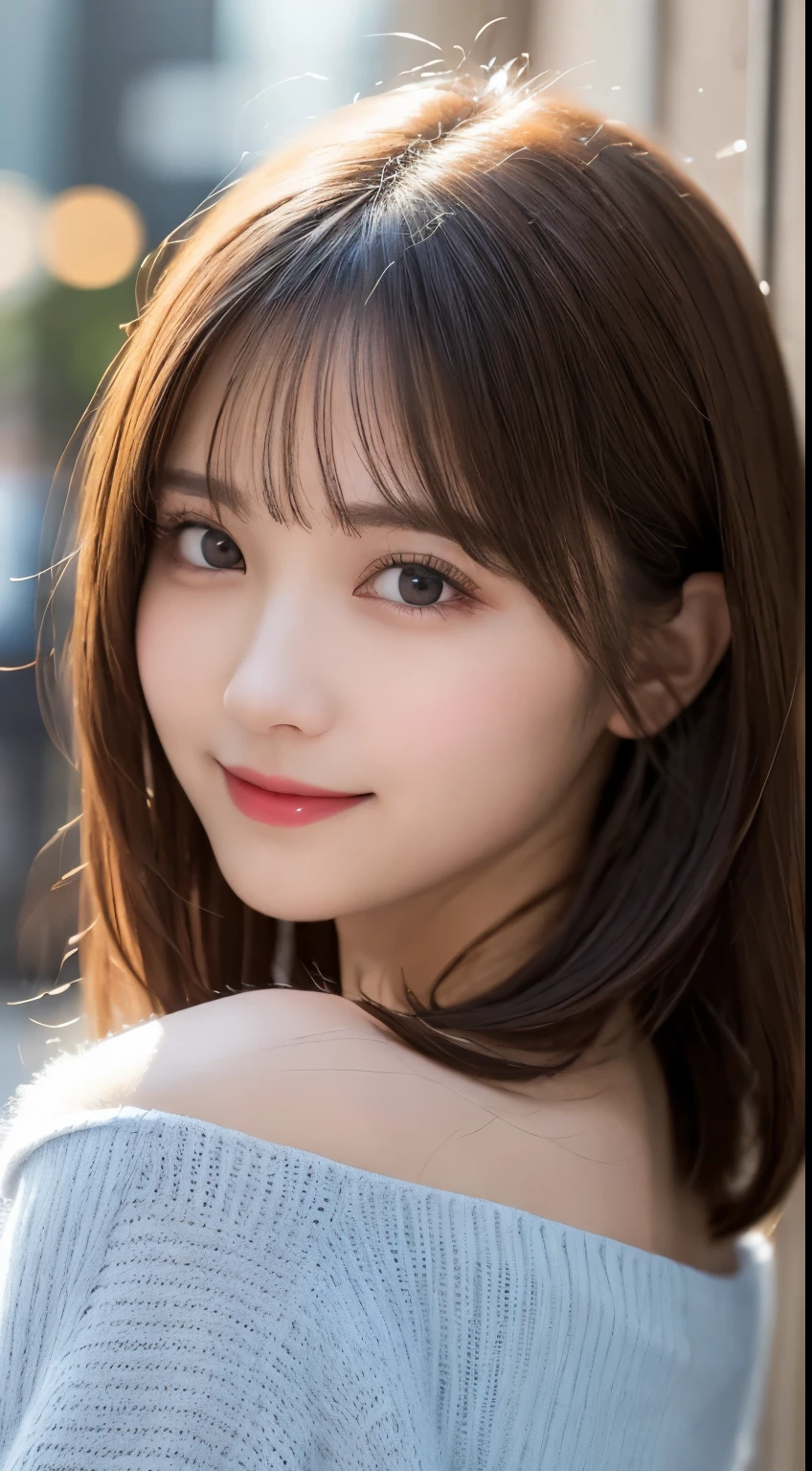 masutepiece, Best Quality, Illustration, Ultra-detailed, finely detail, hight resolution, 8K Wallpaper, Perfect dynamic composition, Beautiful detailed eyes, Elegant winter clothes,Medium Hair,Small breasts natural color lip, Bold sexy poses,Smile、20 years girl、Cute、Sexy shot looking at camera,natta,beautifull detailed face,Classy face,Perfect and beautiful face,Slim face and body,Spread your arms wide、Background blur