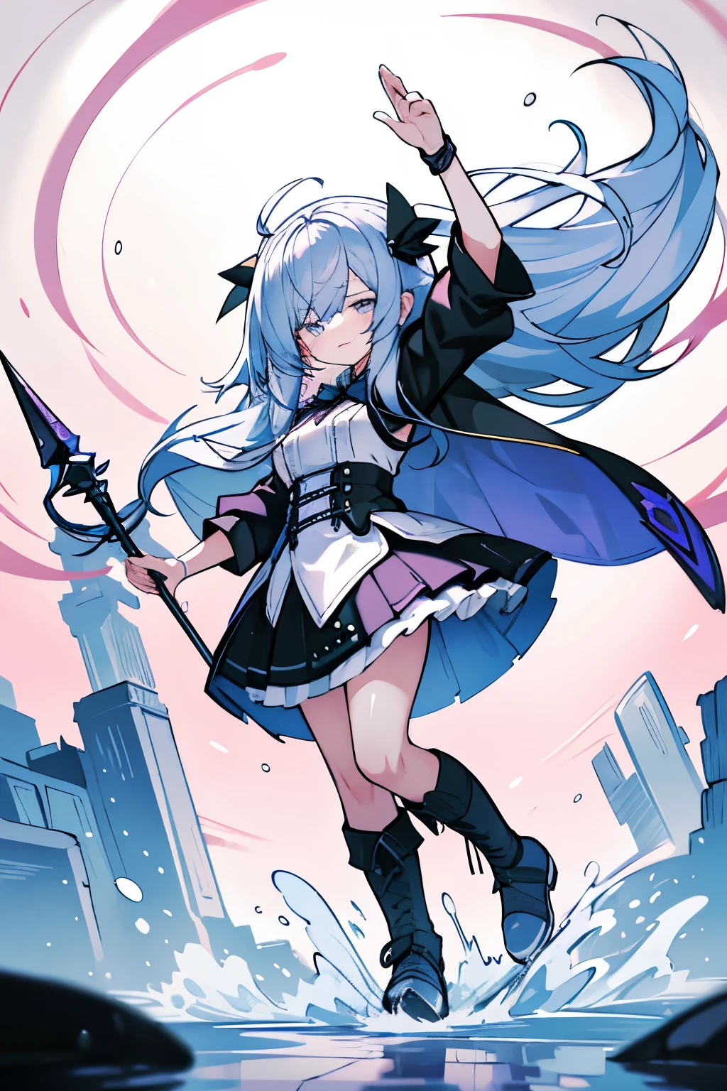 masterpiece, best quality, extremely detailed, anime, girl, short skirt,   energetic girl, pastel color, anime, battle, silver long hair, blue eyes, hair over one eye, Full Body Shot, seriouse,water wizard, ****ta fashion, hair ribbon, fantastic, boots, staff ,Magic, spell casting