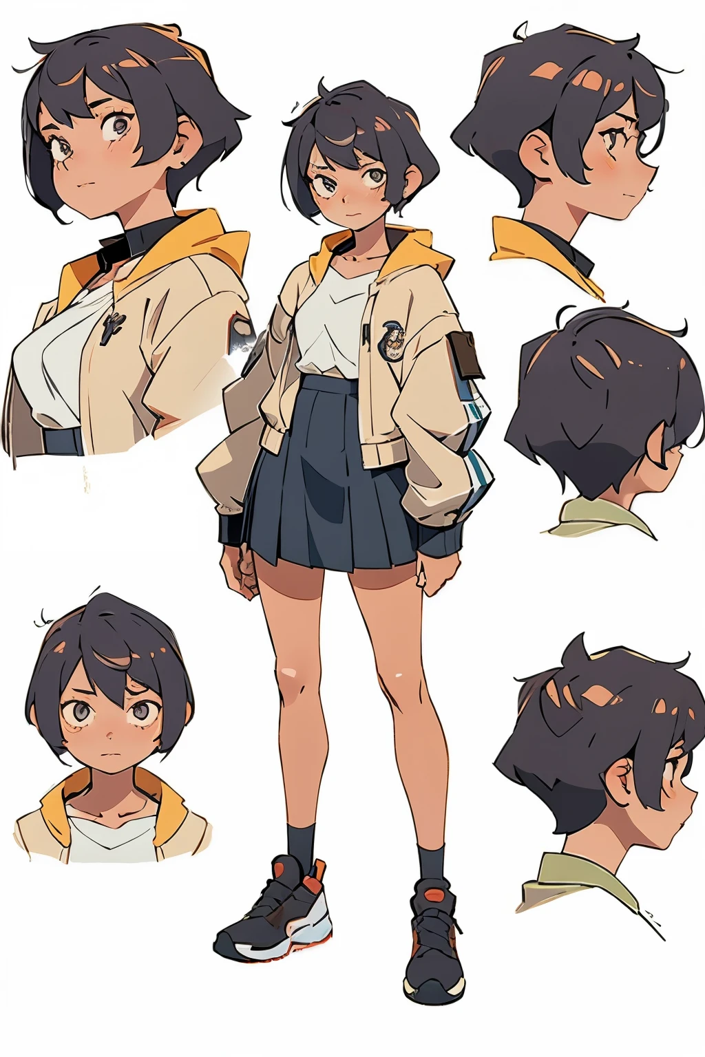 character design, short hair, character sheet, portrait, student uniform, character full body, character design, full body character, a close up of a person in a skirt and jacket