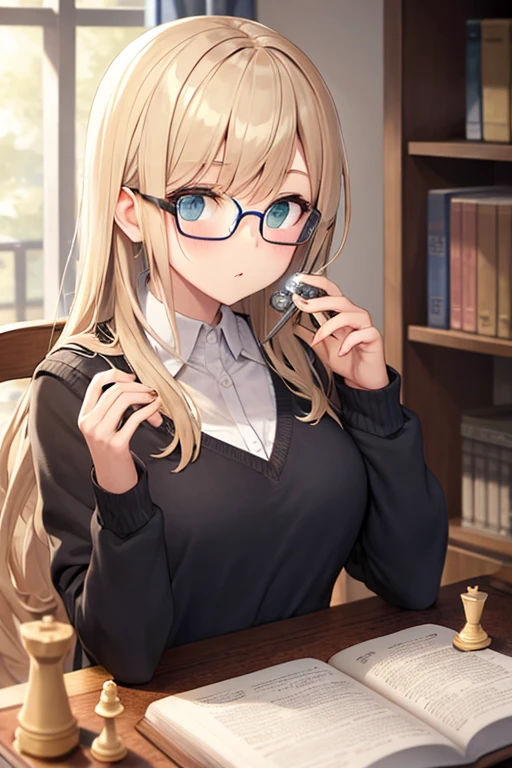 Greenhead girl, glass, play chess, Books background, Coffee, eyeglass