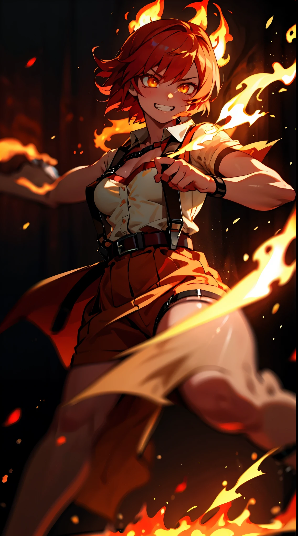 ((masterpiece)), best quality, 8k, high quality, high resolution, super detailed, ultra detailed, photorealistic, fiery and finely detailed face and eyes, ultra detailed and detailed skin texture, fiery eyes, perfect face, 1 girl, blazing red short hair, (fiery attire), flaming yellow eyes, athletic, muscular, Medium breasts, white shirt, collared shirt, (chest harness, shoulder strap:1.15) , (infernal aura), standing before a roaring bonfire, passionate expression, ((burning grin)), twilight, fiery landscape, crackling flames, intense atmosphere, (crackling embers), (dancing flames), since primordial times, Ignia, fiery eyes, background of blazing inferno.