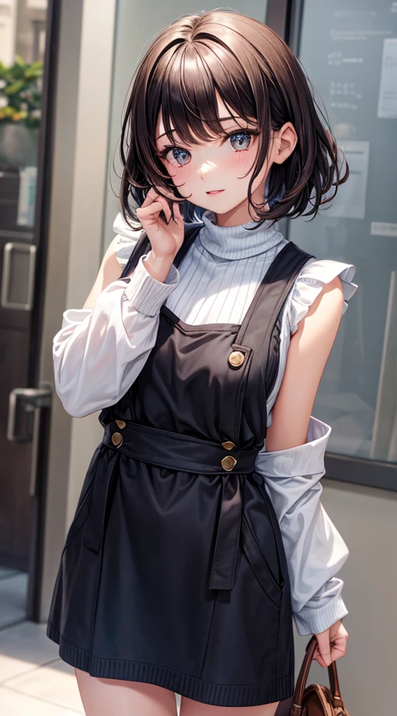 reallistic,girl with,A dark-haired,Shorthair,Sleeveless knitwear,big sister,pinafore