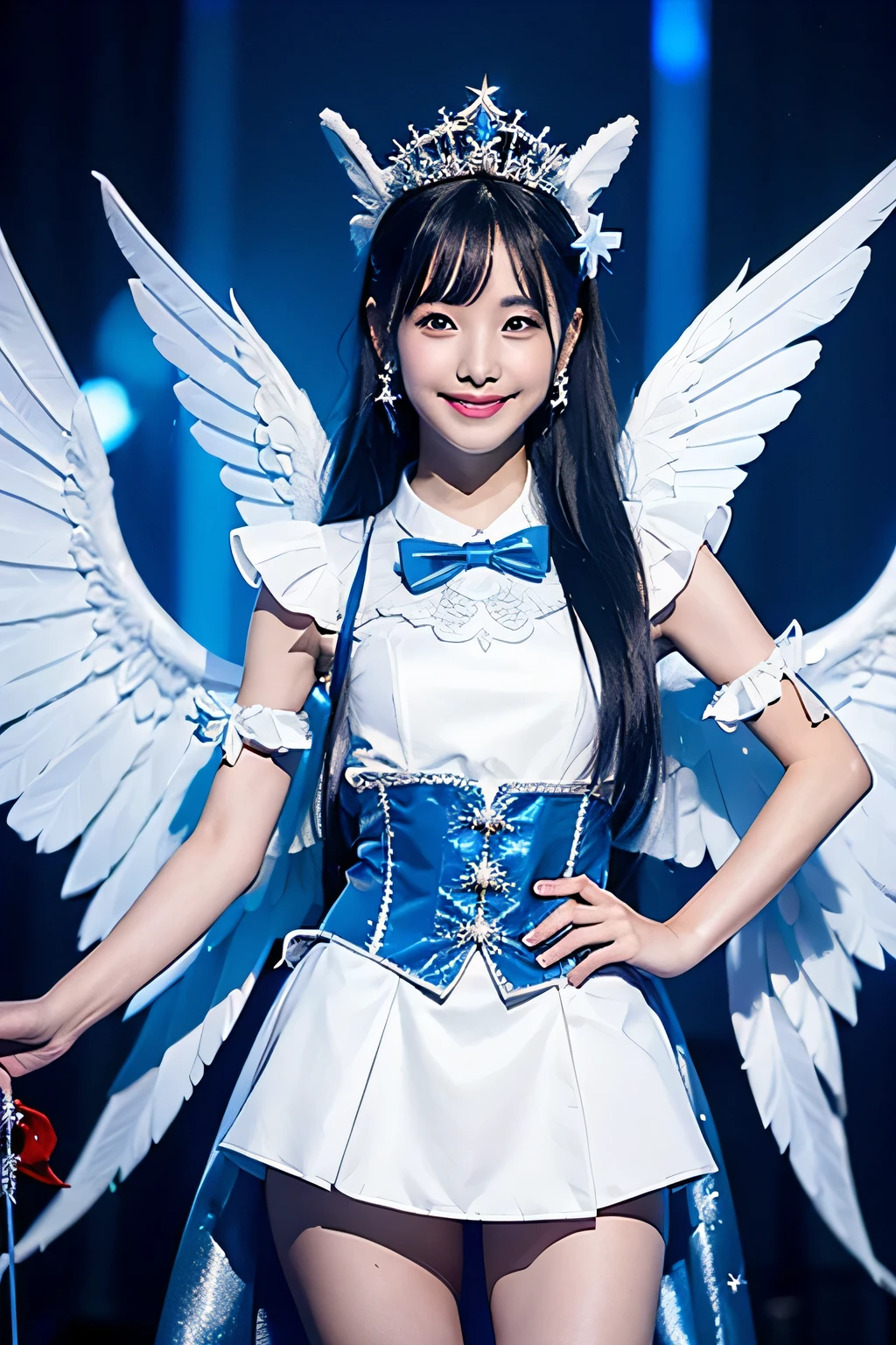 starlight princess, white gold with blue ribbon costume, red long hair, white wings, holding star wand