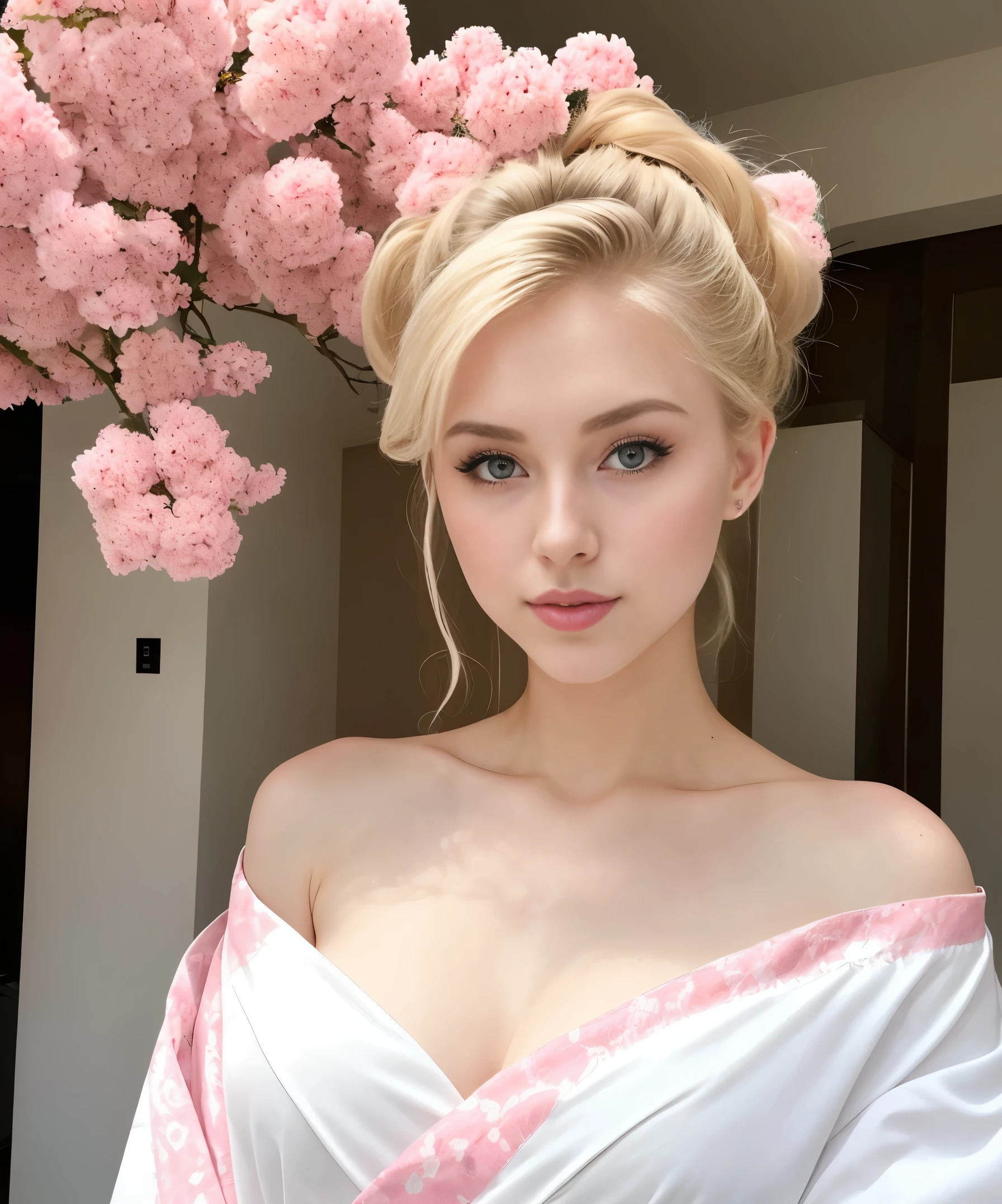 Polish、20yr old、female、eyes large、a blond、lips pink、Big、tall、Shoulder out、Model body type、Beautuful Women、white off-shoulder kimono Full bodyesbian