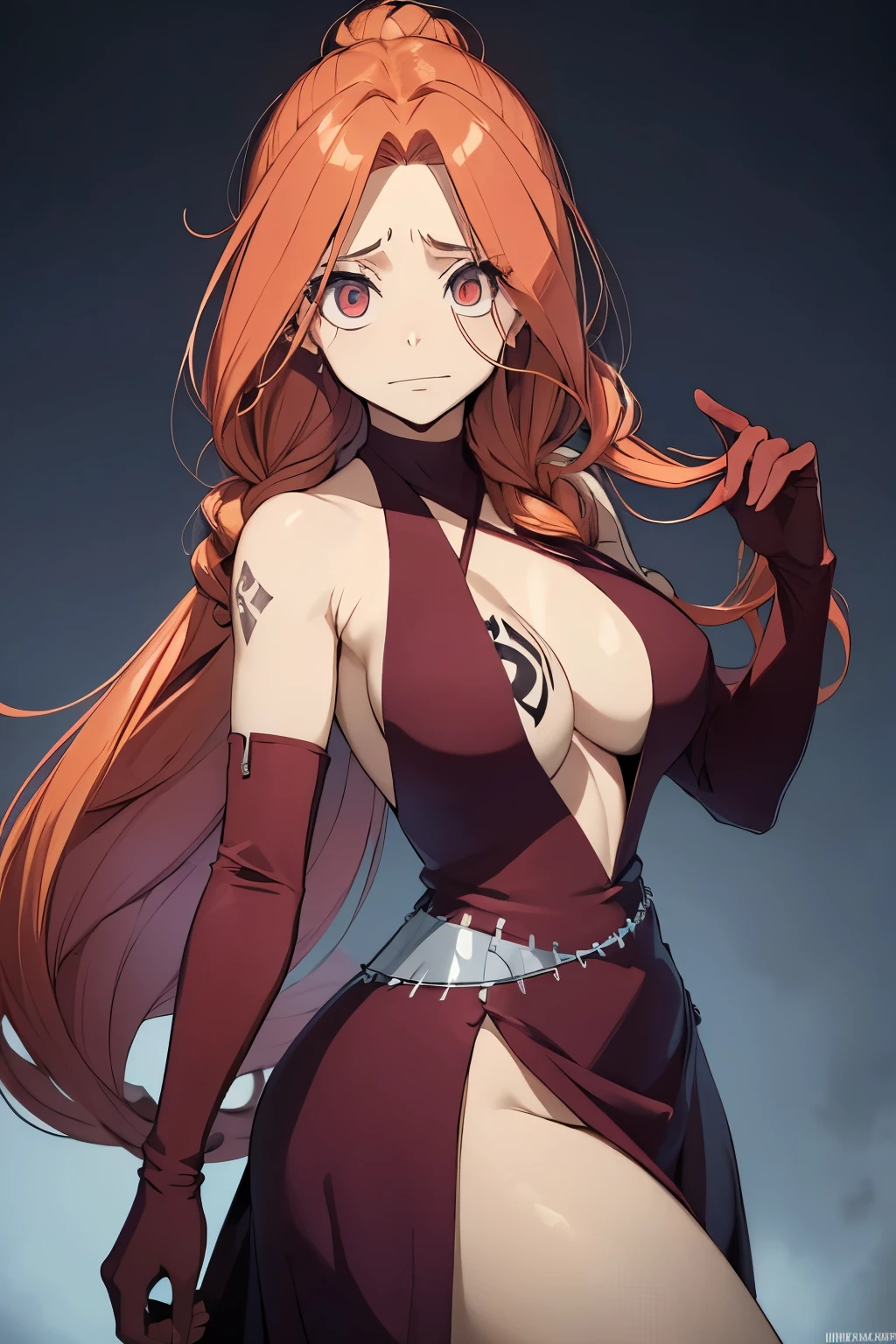 anime fairy tail, personaje lflare, pelo anaranjado largo en dos coletas, rostro hermoso, pecho grande, trasero grande, Curvaceous Body, calidad, 4k, adolescente, atractiva. Flare es una joven de piel clara de estatura media, con el pelo largo, color rojo, They are gathered on both sides of the head and tied into a pair of braided pigtails, masivas, que llegan hasta la cintura, y parecen seguir siendo por lo general arqueado, Backwards. Ella tiene labios gruesos y ojos rojizos, que siempre se muestran algo de par en par, que, junto con las cejas levantadas y perpetuamente su boca semi-abierta, gives him a somewhat crazy expression. Furthermore, ella parece tener bolsas visibles por debajo de los ojos, agregando a su aspecto distintivo. Flare posee un cuerpo muy voluptuoso, con senos masivos encontrados por las caderas de manera similar, la dota de una casi perfecta figura de un reloj de arena. Su hombro izquierdo tiene una cicatriz en forma de una "X", y su oscura marca de Gremio se encuentra en la parte superior de su pecho derecho. Flare tiene un vestido rojo muy revelador, que deja la mayor parte de su cuerpo superior al descubierto, es decir, su espalda, los lados y una gran parte de su escote que casi le llega hasta el ombligo (y, en consecuencia, parte de su marca de gremio) completamente expuestos, asegurado por correas de cuello halter. El vestido casi llega hasta los tobillos, con la parte que cubre sus piernas con volantes, and a lighter section, consisting of two elongated patches that act as a leash of sorts, en correspondencia a la cintura, al parecer, it is sewn to the clothes. El traje de Flare se completa con guantes largos que llegan casi hasta los hombros, haciendo coincidir su vestido en color, each with a small cut on the outer top edge, y las botas simples y de color claro