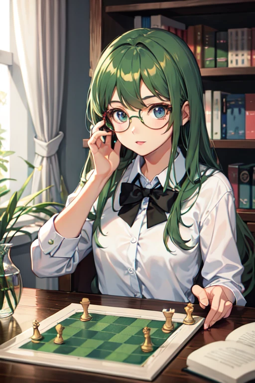 Greenhead girl, glass, play chess, Books background, Coffee, eyeglass