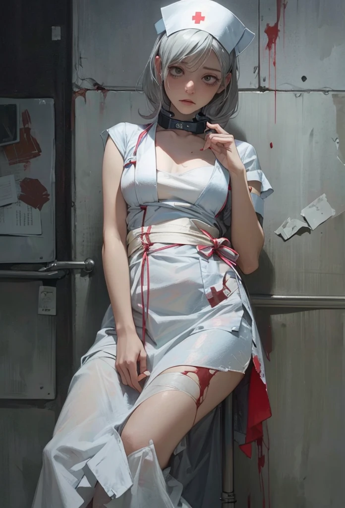 (Detailed illustrations,Very detailed and detailed drawing,Delicate lines with slow and rapid,Realistic texture expression),[Color tressed main line],Inorganic concrete room[Night Hospital],(Japan adult female[28 year old](Zombie Nurse))Hair put together [SKINNY((Small breasts))][pale skin](sickly look),([bandaged]Bondage Fashion),[[Return blood]],(Fine and beautiful skin expression [Transparency]),[完璧な目のdetaileds (Iris beautifully drawn in every detail)[Jewel-like eyes]],[long and beautiful eyelashes],[Meticulously drawn hair],(完璧な手のdetaileds [Beautiful fingers without breakdowns [Beautiful nails]]),(Perfect Anatomy(Perfectly proportioned))[[Full body like]],[Ideal color coordination(Accurate simulation of light-material interactions)],([Precision Detail](detaileds,high-detail)),[[Pale and gentle colors]][Visual art that conveys a sense of narrative] [[Eros in the Natural Body]].
