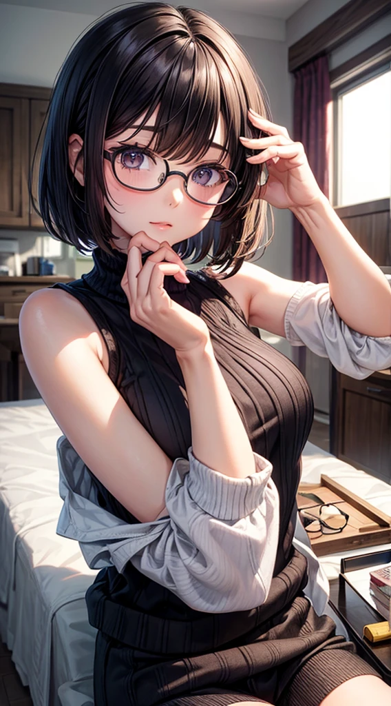 Highly detailed CG 8K wallpaper), (Very delicate and beautiful), (Best Quality: 1.0), (Ultra High Definition: 1.0), (Very delicate hair) Beautiful lighting, Perfect lighting, Realistic shadows, [High Definition], Detailed skin, Solo, Realistic Japanese room, (Rural), (Large T-shirt), (Oversized Shirt), (Leoping), ((Small breasts)), (1 beautiful girl), (), (Glasses), (( Slouch)), (on all fours) (angle from above), (small chest and gap between clothes), black hair, (no bra), (very large T-shirt),