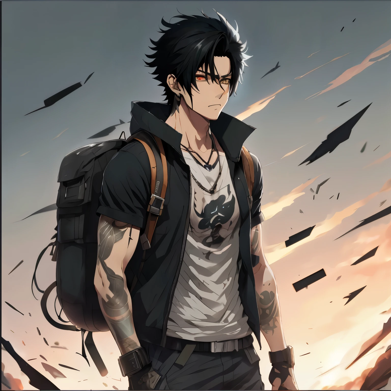 anime guy with a backpack and a tattoo on his arm, badass anime 8 k, Epic anime style, Gatilho Estilo de Arte de Anime, homem bonito anime, cara bonito na arte demon slayer, arte anime de alta qualidade, personagem estilo anime, estilo anime masculino, arte detalhada do personagem de anime, personagem de anime masculino, Makoto Shinkai ( apex legends ), Otaku Gangasta