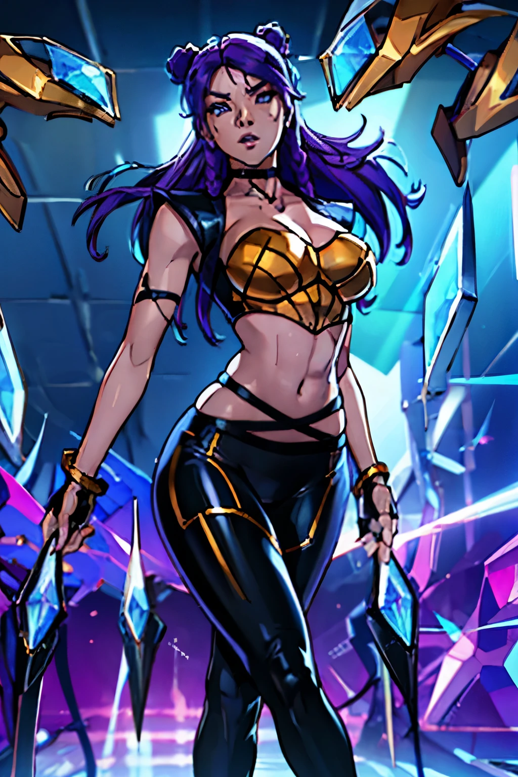1girl, kai'sa, league of legends, kasa, asas roxas, cabelo roxo profundo, olhos roxos, expression serious, brilho intenso, (dinamic pose), (asas vazias), armas, obra-prima, extremamente detalhado CG Unity 8k papel de parede, melhor qualidade, 32k, foco claro, cybercity, neon sign, abertura, campo vazio