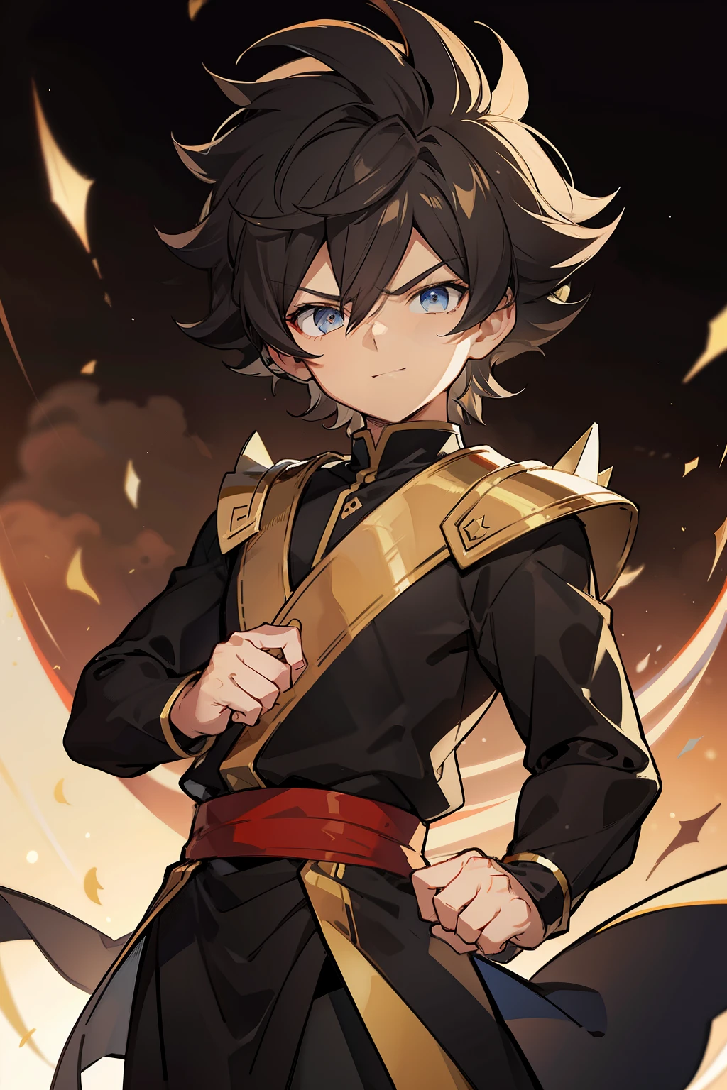 (high-quality, breathtaking),(expressive eyes, perfect face) portrait, 1boy, male, solo, , black hair, blue coloured eyes, stylised hair, gentle smile, medium length hair, loose hair, side bangs, curley hair, really spiky hair, spiked up hair, looking at viewer, portrait, ancient greek clothes, black long sleeved tunic gold trim around collar edges and down middle, greek, red and gold sash, simple background, slightly narrow eyes, masculine face, masculine eyes, baby face,happy n, clothes similar to Hypnos Saint Seiya, 6 years old, tiny