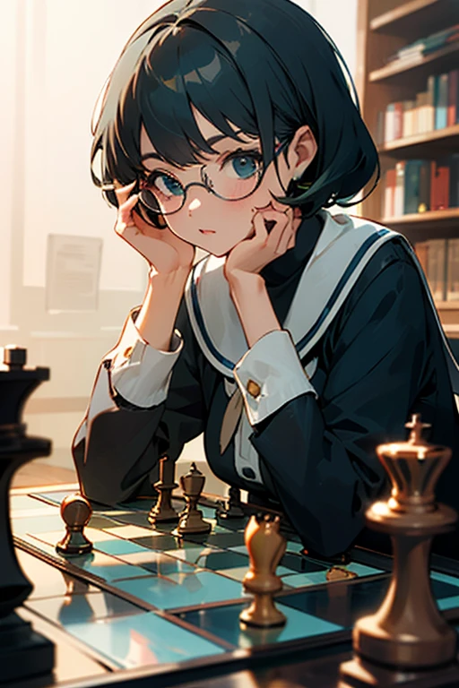 Greenhead girl, glass, play chess, Books background, Coffee, eyeglass