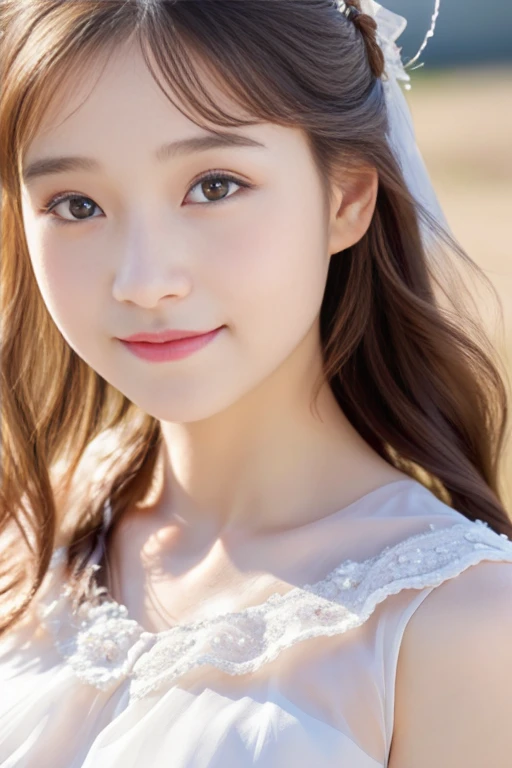 (((masterpiece))), (One beautiful Japan girl, classmates, Pure Innocence,Innocence,kawaii) ,超A high resolution, Realistic, ultra-detailliert, 8K,top-quality, Extremely detailed, Detailed background,A slender,(a baby face,kawaii系,adorable 14 year old girl),(Perfect body:1.1),Super Detailed Face、Detailed lips、A detailed eye、Photorealistic:1.37,no-makeup,small gravure idol,Transparent skin、Portrait Mode, and a large depth of field, 45 Degree View, Royal sister, Gentle, ((Best Quality, 8K, masutepiece: 1.3)), Focus: 1.2, Stand sideways, (Chest close-up: 1.3), ((Delicate long hair)), Highly detailed facial and skin texture, Detailed eyes, Double eyelids, long eyelashes, (Snow White skin), Whitening skin, Smile, soft chiffon transparent dress, Long skirt, mercury dress, Elegant dress, Wearing elegant slutty dress, soft elegance, chiffon