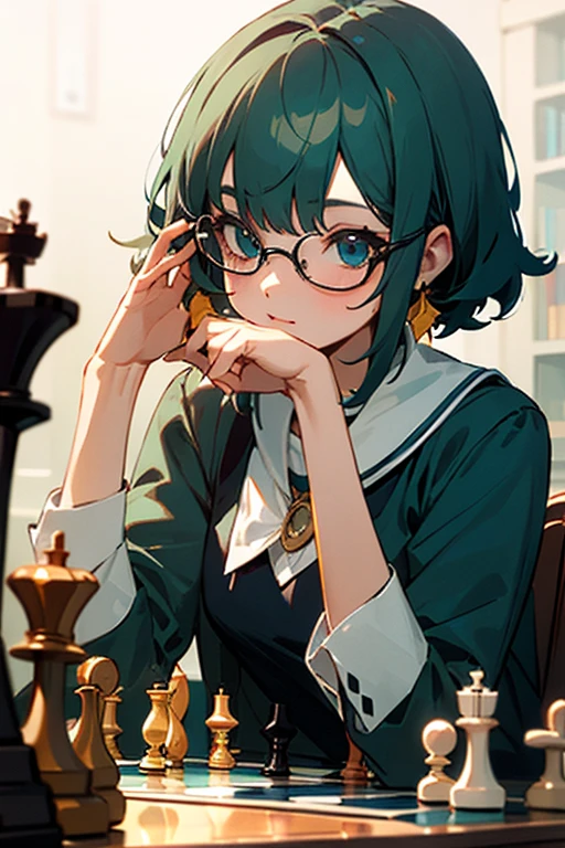 Greenhead girl, glass, play chess, Books background, Coffee, eyeglass
