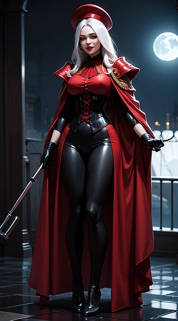 Woman, Adult, with large breasts, Vampire-like, wearing Victorian-style clothing, wearing royal clothing, wearing a tight red corset, with shoulder pads on the costume under the corset, wearing black clothing under the corset, holding an umbrella in the foreground part, that the umbrella is resting its tip on the ground, that the umbrella has decorations in white and blood red, with long red boots, with an elegant hat, that the hat has a black ribbon, that the hat is red, with hair pure white, with reflections of moonlight in her hair, with an elegant posture, with a small smile on her face, her mouth having painted lips, her lipstick color being dark red, her gloves red, her gloves reach above the elbows, with the moon in the background, Ultra High Quality, 8k, Good lighting, he is standing, showing his full body, with a red band covering his eyes completely.