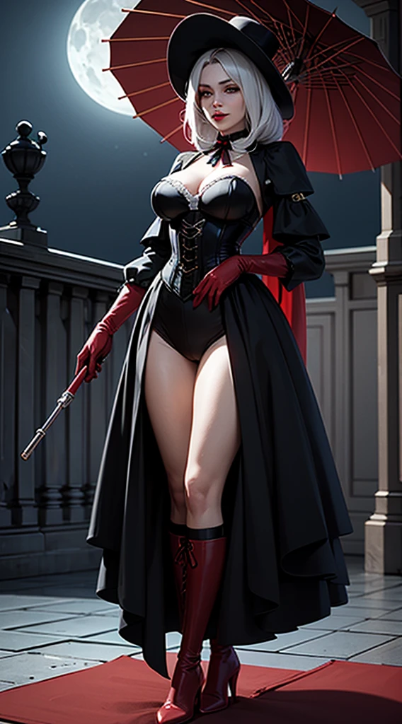 Woman, Adult, with large breasts, Vampire-like, wearing Victorian-style clothing, wearing royal clothing, wearing a tight red corset, with shoulder pads on the costume under the corset, wearing black clothing under the corset, holding an umbrella in the foreground part, that the umbrella is resting its tip on the ground, that the umbrella has decorations in white and blood red, with long red boots, with an elegant hat, that the hat has a black ribbon, that the hat is red, with hair pure white, with reflections of moonlight in her hair, with an elegant posture, with a small smile on her face, her mouth having painted lips, her lipstick color being dark red, her gloves red, her gloves reach above the elbows, with the moon in the background, Ultra High Quality, 8k, Good lighting, he is standing, showing his full body, with a red band covering his eyes completely.