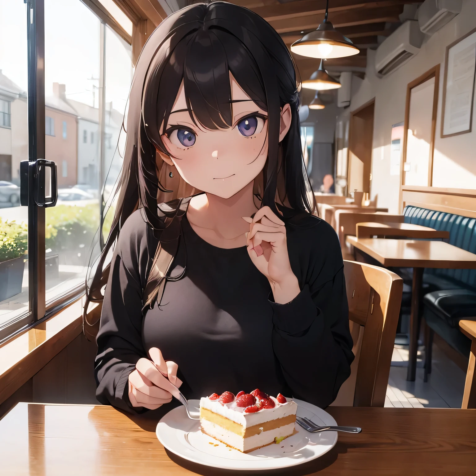 Adult woman eating cake with fork in cafe.