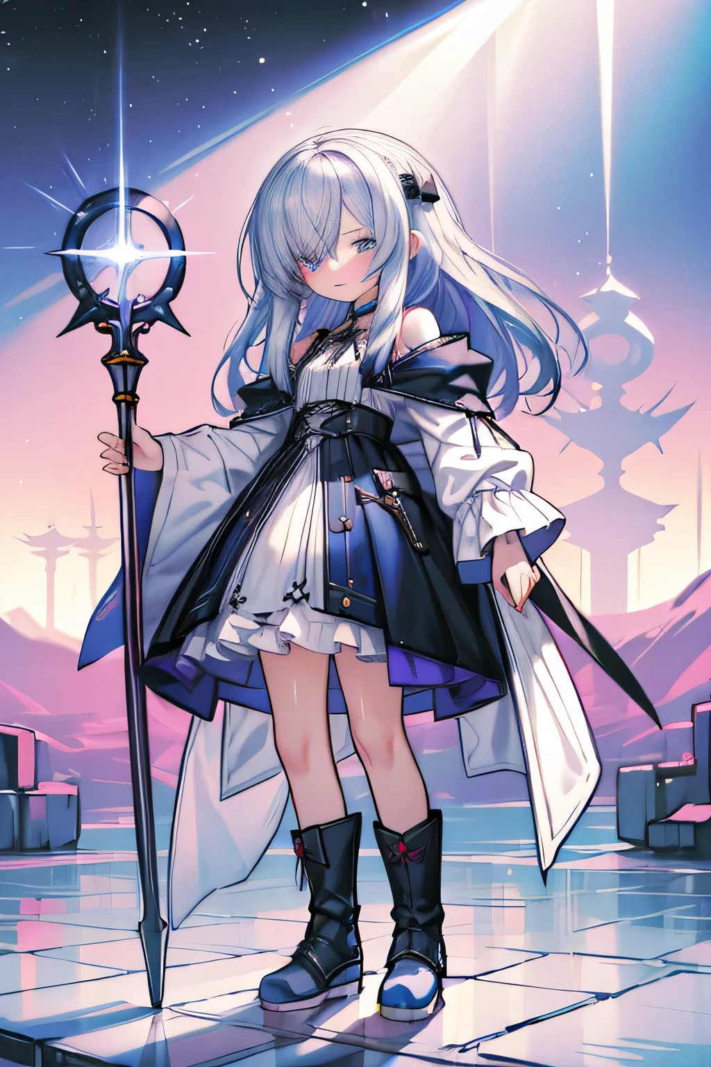 masutepiece, Best Quality, Extremely detailed, Anime, girl, Short skirt, energetic girl, pastel color, Anime, buttle, Silver long hair, Blue eyes, Hair over one eye, Full body shot, I&#39;m serious,wizard of water, ****ta Fashion, Hair Ribbon, Fantastic, long boots, A staff ,Magic, Spell casting, Cool