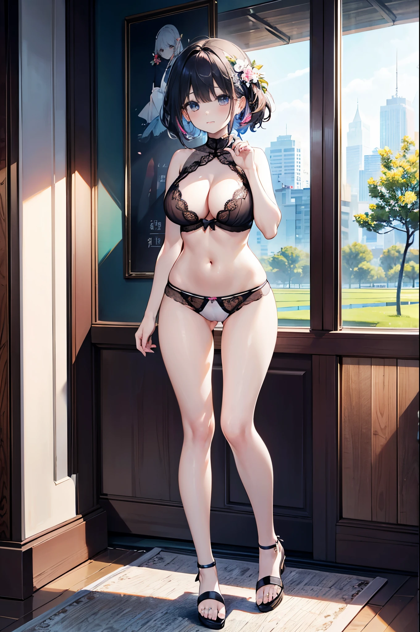(1 female),full-body view,Almost all breasts are exposed,Snow-white skin,Full body lesbian,huge titmouse,Medium boobs and beautiful legs,sandals,White transparent lace underwear,titmouse, Only underwear is slutty,revealing breasts,open chest and breasts,Pink ,White transparent panties exposed,Perfect five finger breasts, Highest resolution、top-quality、Highest resolution、top-quality、tmasterpiece,Best quality,超Detailed pubic hair手部细节和脸部、Original characters、perfect litthing、The best colors are extremely colorful、It used to be beautiful、Detailed pubic hair、超高分辨率、Plenty of natural light and optimal color tones、Go deep into the fields(top-quality、extremely fine detail:1.4)