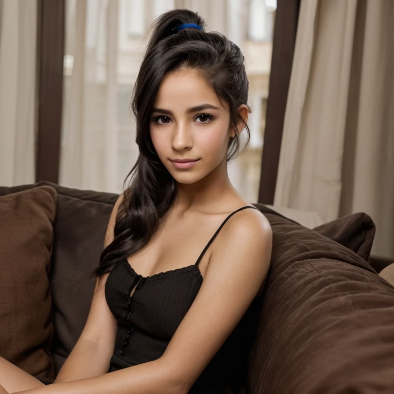 There is a young woman sitting on a sofa with her hair in a ponytail, con el pelo largo, girl portrait, venezuelan girl with brown skin, con cabello largo y oscuro, imagen de muy muy muy baja calidad, low quality photograph, around 30 years old, con coletas negras, con cabello largo y negro, androgynous person, con cabello negro, girl con cabello negros, latin factions, latin girl, latina, south american, front portrait