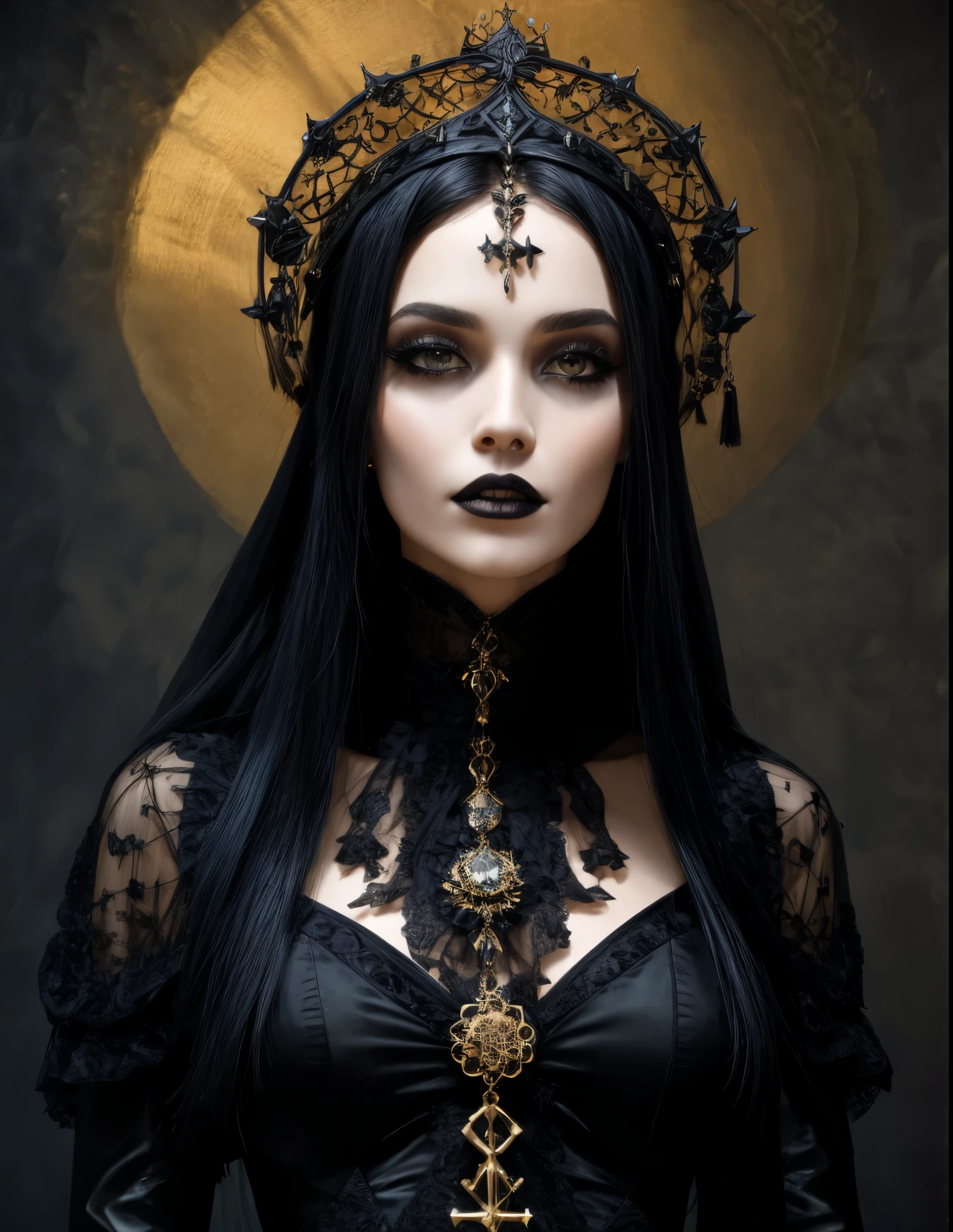 Close-up of a woman wearing a black dress and crown, Portrait of the Dark Goddess, gothic girl of the dark, Gothic princess portrait, Wear gothic jewelry, (Realistic face details), intricate detailed, very high details, photo-hyper-realistic, 8k, UHD, hyperdetailed,