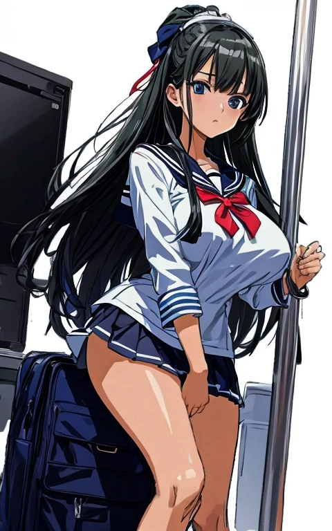 A beautiful woman with long black hair, big breasts, and beautiful legs is wearing a sailor suit with a white miniskirt, and her light blue and blue striped panties are visible from the skirt, and she is standing on a crowded train glaring at an elderly office worker.。