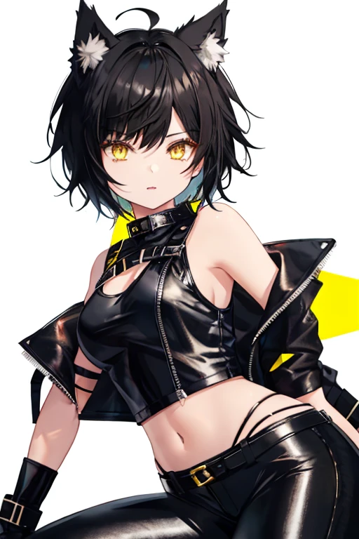 A girl, sexy and hot, wearing a black leather jacket, and a golden umbilical stud on her belly button, with a bit of a rebellious girly feeling, only showing the upper body (super intricate details), (super detailed CG: 1.2), anime art style, high quality 8K anime wallpaper, RGB lighting