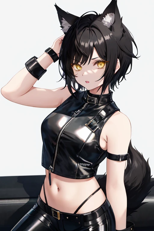girl with wolf ears and tail, (very short hair), black hair, tomboy, yellow eyes, wears a black sleeveless leather top and wears black leather pants, medium breasts, attractive, sexy, tomboyish