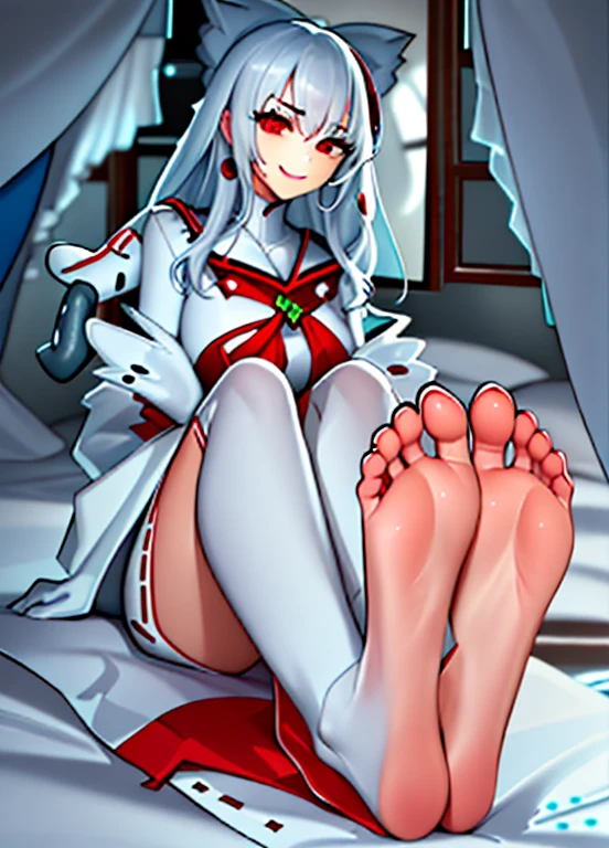 1girl, black hair, bangs, red eyes, pale skin, smile, nude, big breasts, super long soles, extremely long soles, extremely long feet, correct feet anatomy