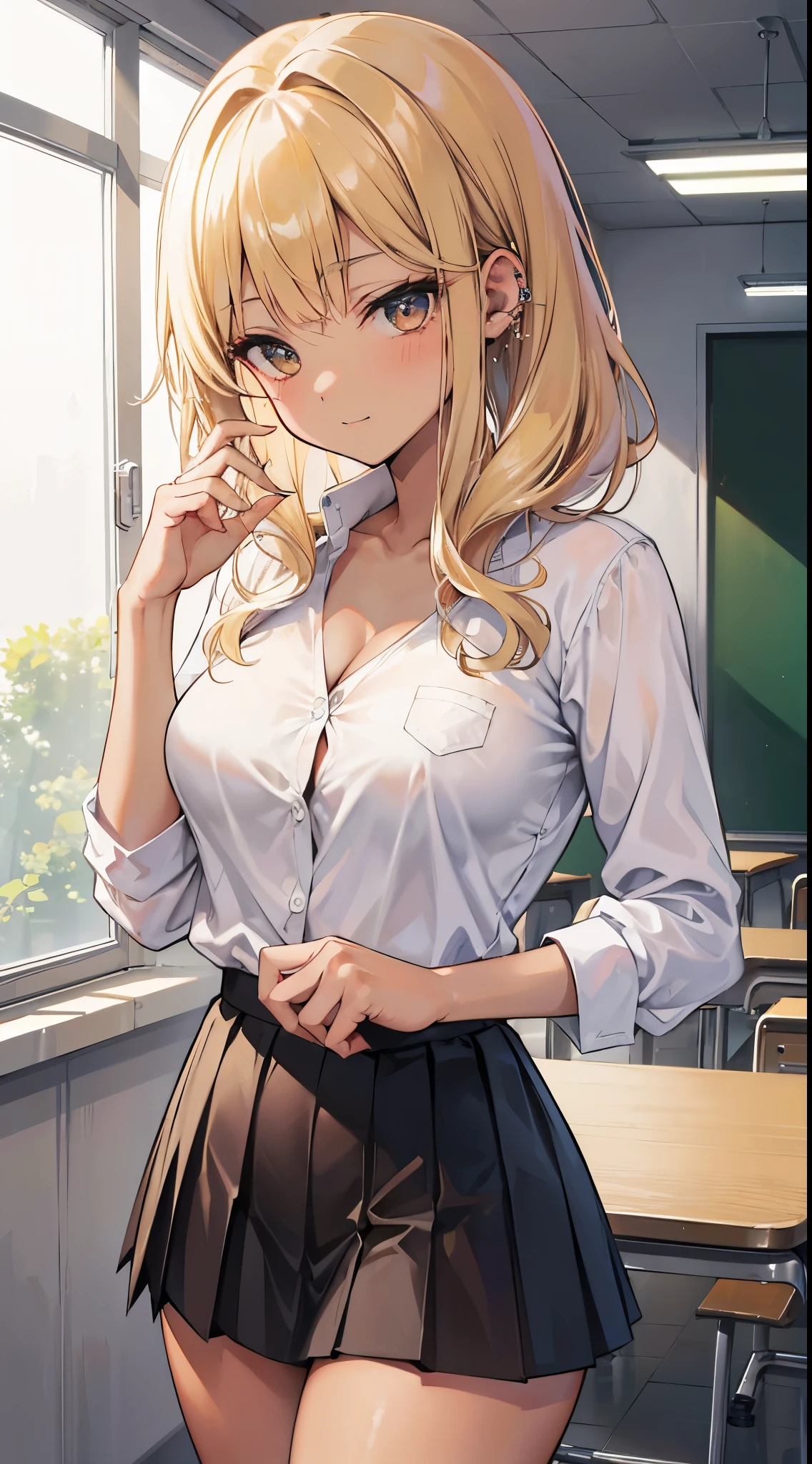 (8K、Top image quality、top-quality、masterpiece)、A detailed face、1 girl in、a blond、((Medium hair))、side poneyTail、waved hair、blunt bangs、Golden eyes、piercings、((Brown skin))、((skin tanned))、nefarious smirk、very Bigger breasts、((White shirt))、cleavage、((Removed button))、black tube top、((Black Mini Pleated Skirt))、(Big ass)、thighs、cowboy shot、back of classroom