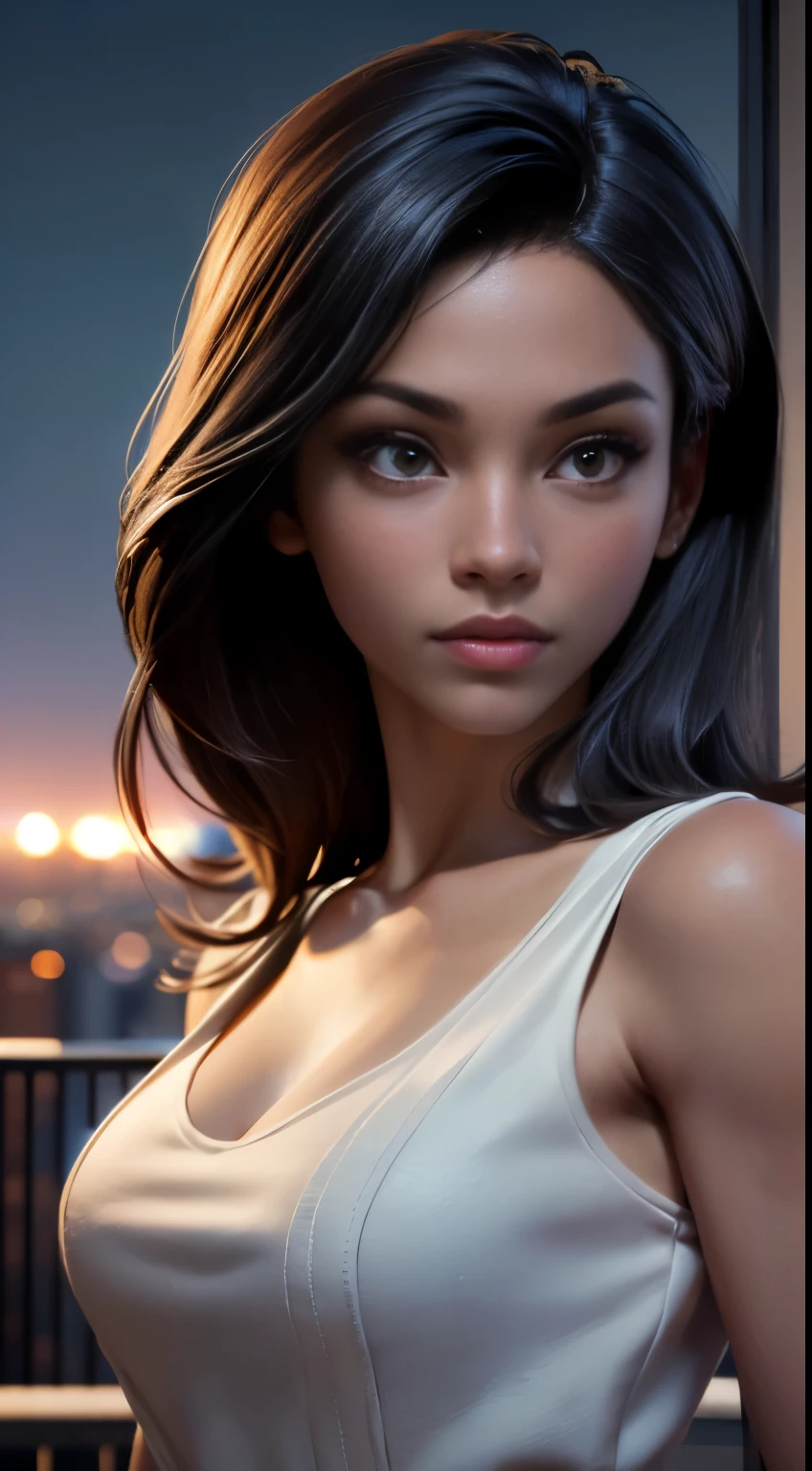 photo of Rosario Dawson, RAW, beautiful woman, ((portrait)), ((detailed face:1.2)), ((detailed facial feature, detailed dark skin, clear skin), (perfect proportioned body), (wearing a colorful dress) (high detailed city environment, apartment balcony), (realistic photo, best quality, detailed), (8k wallpaper), (cinematic lighting, dramatic lighting) (sharp focus, intricate)